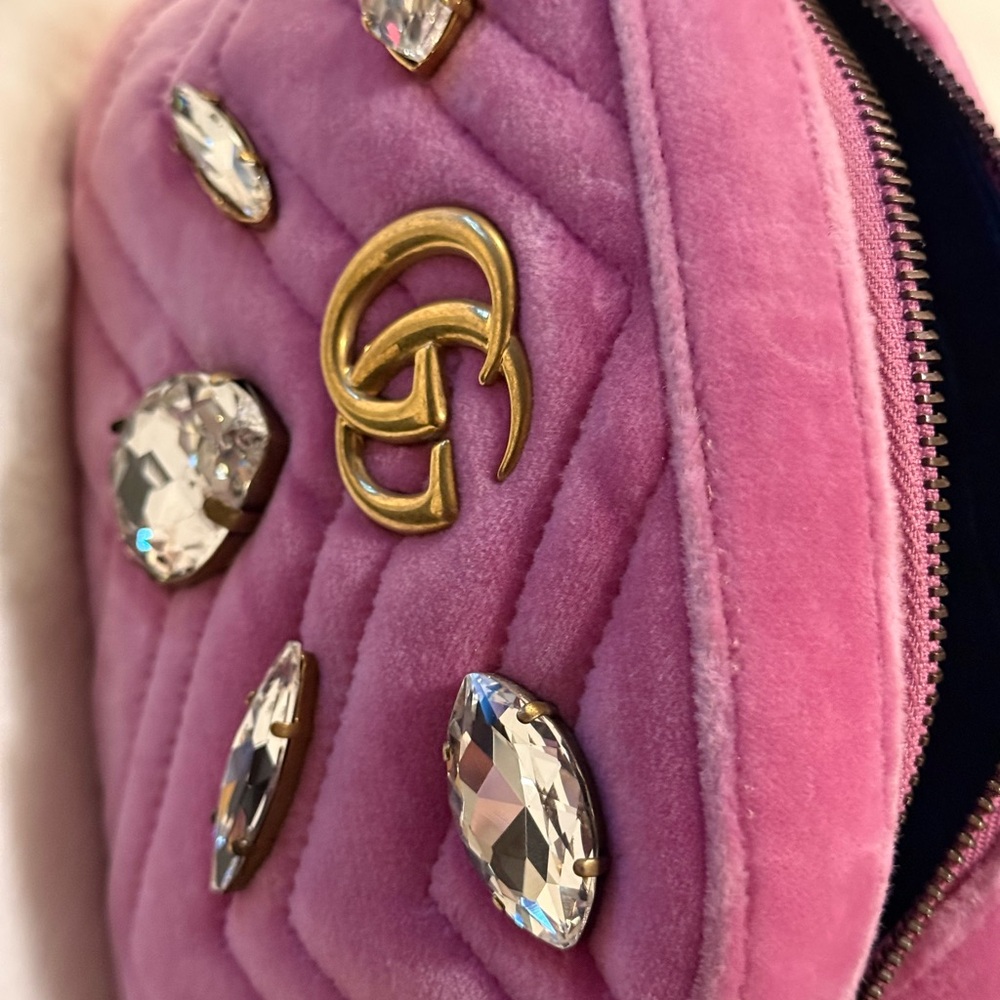 Gucci GG Pink Marmont Matelasse Velvet Crossbody Bag Rhinestones- Authentic - Picture 2 of 16